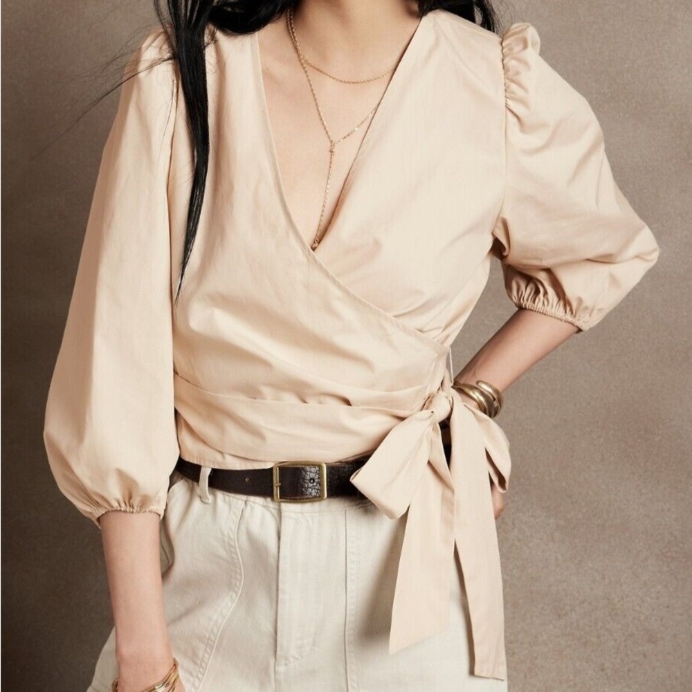 Organic Cotton Puff-Sleeve Wrap Blouse
Color:	Barely Beige